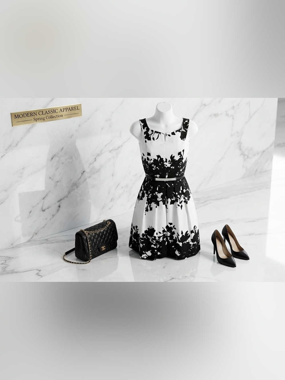 White House Black Market Floral Fit & Flare Mini Dress SZ 2 B&W Sleeveless - Picture 2 of 16
